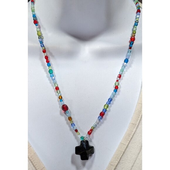 Handmade Rainbow Glass Beaded Cross Necklace - Picture 2 of 5